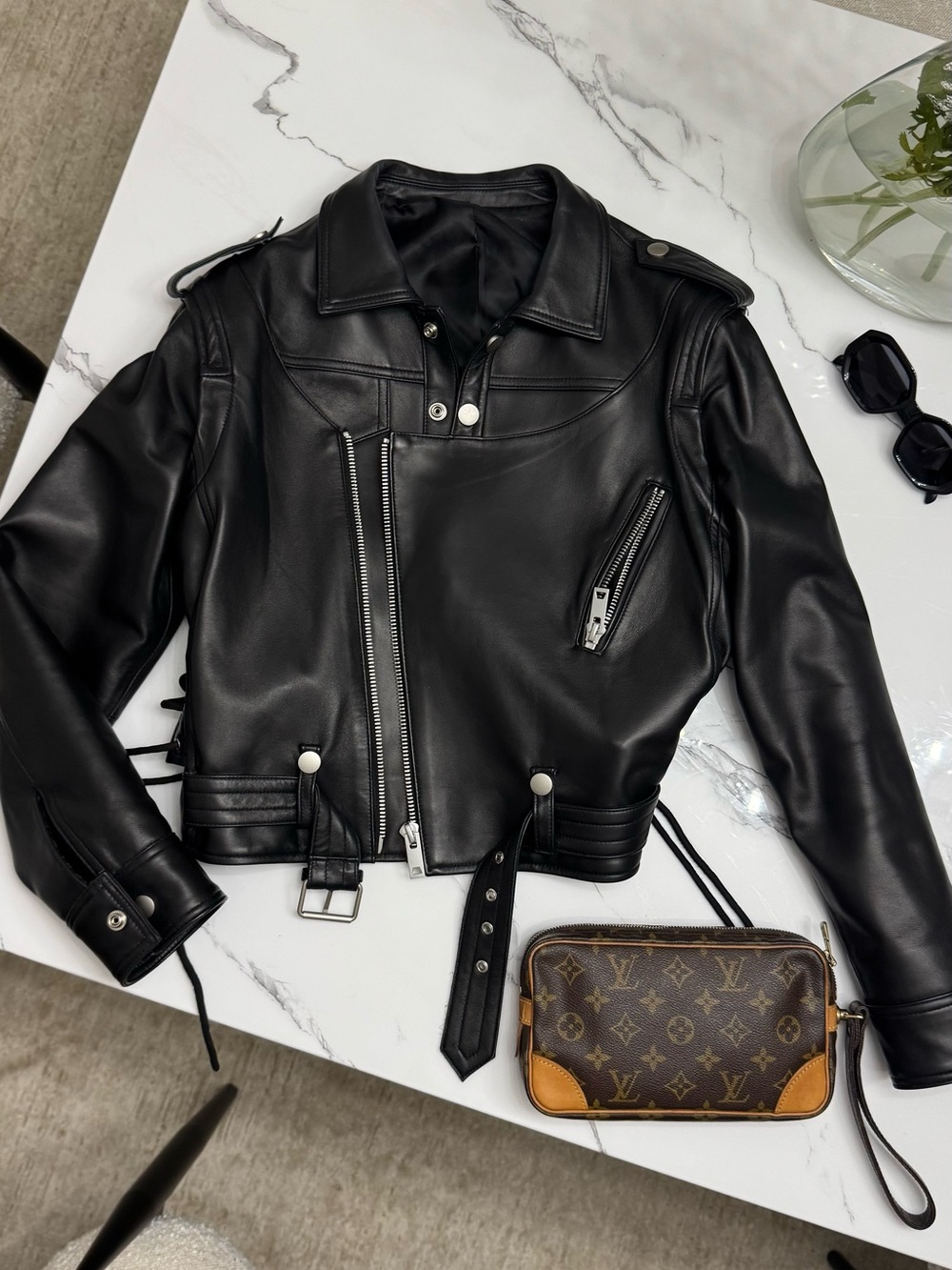 Women’s Black Lambskin Leather Jacket with Belt Detail